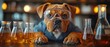 © Creative_Bringer - Bulldog in a lab coat and safety goggles, sitting next to beakers filled with chemical liquids