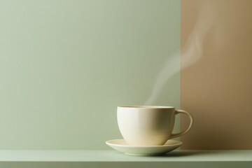 Poster - A warm cup of tea releases smooth steam, beautifully contrasting against soothing pastel walls, perfect for a calm moment. Generative AI
