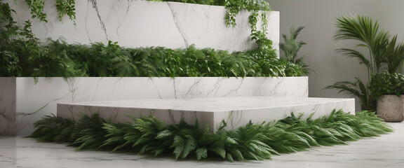 Canvas Print - White Marble Platform with Greenery