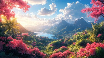 A breathtaking landscape scene depicts lush, vibrant foliage illuminated by soft sunlight filtering through fluffy clouds. The foreground is dominated by a variety of pink flowers, showcasing their de