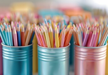 Wall Mural - Colorful pencils in jars with a variety of colors, arranged neatly The vibrant hues create a cheerful atmosphere, ideal for artistic and creative projects