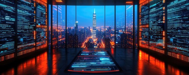 Futuristic office with city view, illuminated screens, technology backdrop.