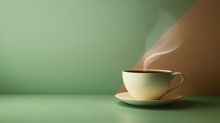 Poster - A warm cup of tea emits gentle steam, creating a serene moment on a green tabletop in soft afternoon light. Generative AI