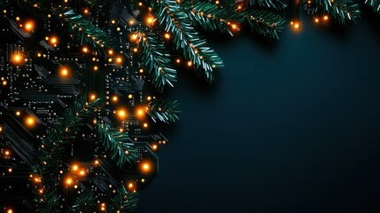 Sticker - Christmas tree branches with festive lights on a dark background.