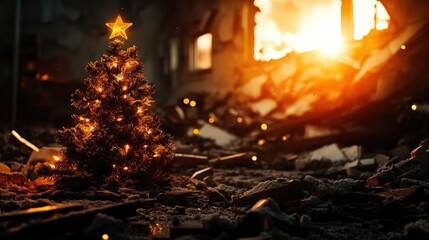 Wall Mural - Christmas tree with lights in a damaged, fiery environment.