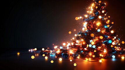 Wall Mural - Colorful Christmas tree with lights, isolated on dark background.