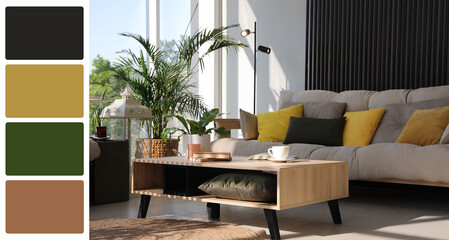 Aufkleber - Stylish living room with comfortable sofa and table near window. Interior design and matching color palette