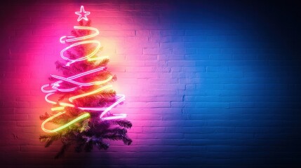 Wall Mural - Colorful neon Christmas tree with vibrant lights against blue brick background.