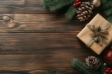 Wall Mural - Christmas decoration and Christmas present. Copy space. Wooden background, copy space background - generative ai