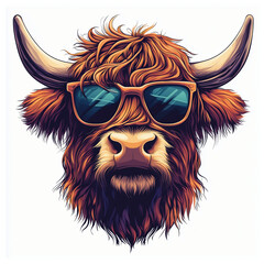 Wall Mural - Scottish highland cow head wearing sunglasses logo design illustration