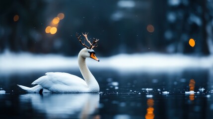 Wall Mural - Swan with antlers swimming in a serene, snowy landscape surrounded by gentle light.