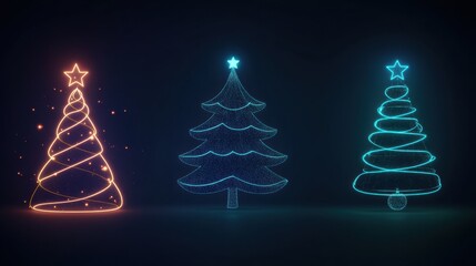 Poster - Minimalist silhouettes of Christmas trees and ornaments are illuminated with glowing lines set against a dark backdrop, creating a festive atmosphere. Generative AI