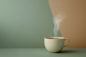 Sticker - A soothing tea cup rests quietly on a table, releasing delicate steam that spirals into the cool morning air in a tranquil atmosphere. Generative AI