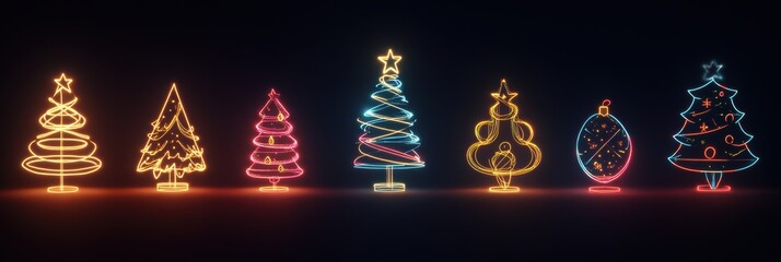 Wall Mural - Glowing lines create minimalist silhouettes of Christmas trees and ornaments, illuminating a dark background for a festive atmosphere. Generative AI