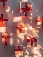 Canvas Print - Artfully arranged gift boxes adorned with red bows create a charming and festive atmosphere against a soft, light backdrop. Generative AI