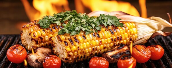 Grilled corn on the cob with tomatoes and herbs, vibrant cooking scene.