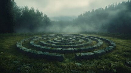 An ancient stone labyrinth carved into a grassy field, surrounded by misty trees, designed for meditative walking with the ambiance of quiet, spiritual solitude