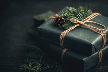 Wall Mural - Christmas presents with rustic ribbon on dark wooden background in vintage style. Selective focus - generative ai