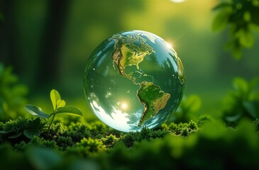 Transparent globe on grass in dense forest. Glass planet Earth with the glare of the sun. Sunlight falls on the ground. Concept of ecology, caring for the environment and combating global warming