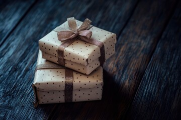 Wall Mural - Christmas presents with rustic ribbon on dark wooden background in vintage style. Selective focus - generative ai