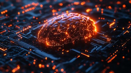 Futuristic brain, glowing circuits, digital network concept