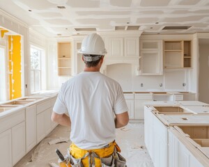 Construction worker inspecting modern kitchen renovation, focus on cabinetry and interior design.