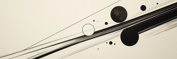 Aufkleber - Black diagonal lines intersect with circles of varying sizes against a light background, showcasing minimalist artistic design. Generative AI