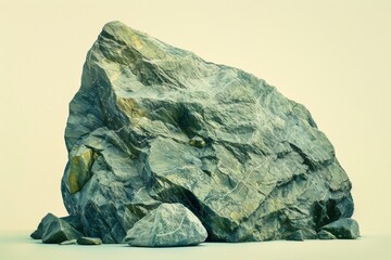 mountain view, big rocks, green, turquoise, light yellow background, fine art photography, cold lighting, 85mm f/1.8, medium shot