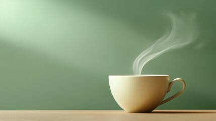 Poster - A tea cup releases smooth, curving steam while resting on a wooden table, bathed in warm, gentle light creating a serene atmosphere. Generative AI