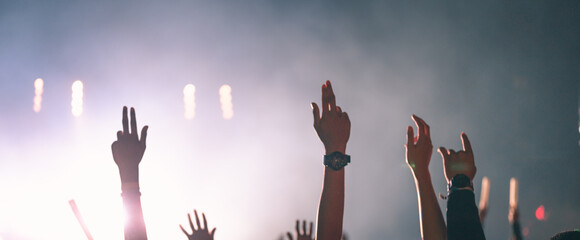 spectator, spotlight, dance, entertainment, festival, audience, nightclub, crowd, disco, excitement. A group of people are holding up their hands in the air, possibly at a concert or a rally.