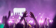 © Take Production - dance, musician, party, entertainment, festival, applauding, audience, concert, disco, cheering. A crowd of people are at a concert, with their hands raised in the air.