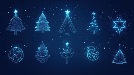 Sticker - Delicate glowing lines outline Christmas symbols like trees and ornaments against a dark backdrop, evoking holiday cheer and warmth. Generative AI