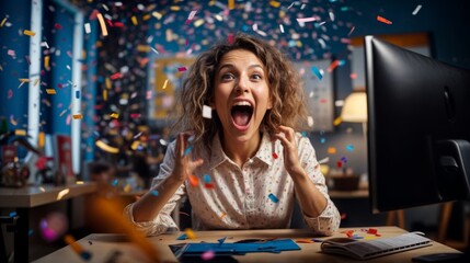 A woman sitting at her desk in front of a computer joyfully celebrates with confetti raining down, expressing excitement for an online win..