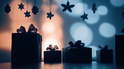Aufkleber - Silhouettes of various sized gift boxes adorned with bows are set against a soft light background, evoking a joyful holiday spirit. Generative AI