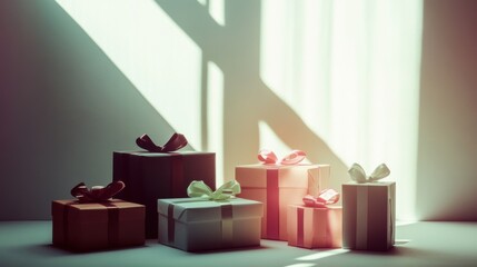 Fototapete - A collection of beautifully wrapped gift boxes in various sizes, adorned with bows, creating a cheerful and inviting atmosphere. Generative AI