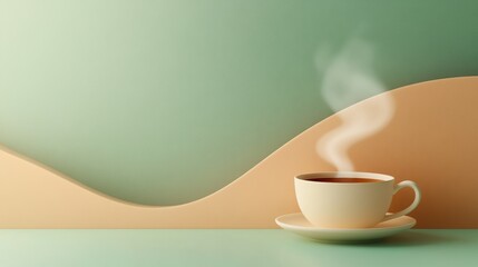 Poster - A soothing cup of tea sits on a saucer, with gentle steam curling upwards in an elegant, minimalistic environment. Generative AI