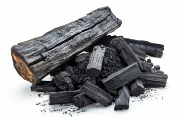 Natural wooden charcoal or traditional hard wood charcoal isolated on a white background. Charcoal powder has medicinal properties