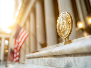 A gold coin with the letter B on it is sitting on a marble ledge