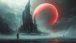 © Another Galaxy - Futuristic landscape with a towering dark building, red moon, misty terrain, and a lone figure silhouetted in the foreground