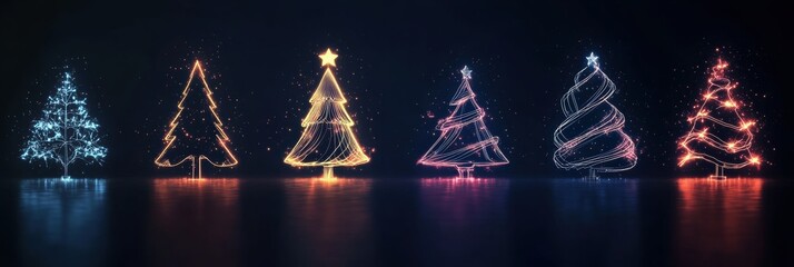 Poster - Bright glowing lines form minimalist silhouettes of Christmas trees and ornaments, creating a festive atmosphere against a dark backdrop. Generative AI