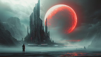 Futuristic landscape with a towering dark building, red moon, misty terrain, and a lone figure silhouetted in the foreground