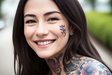 closeup portrait photo of beautiful happy smiling young woman with a tattooed face, wearing casual clothes. dark hair,  expression, confident, joyful, vibrant, inked, female, fashion, relaxed, cute