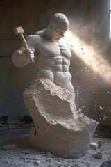 Wall Mural - Personal mastery: human sculpture emerging from stone, illustrating journey of self creation through dedication, effort, emphasizing transformative power of shaping one own identity.