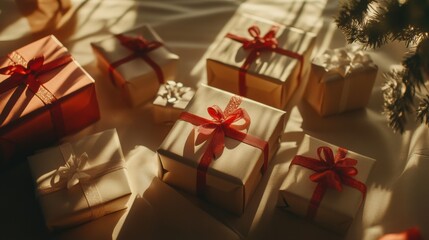 Poster - Gift boxes adorned with vibrant bows and ribbons are artfully arranged on a soft, light background, evoking a festive atmosphere. Generative AI