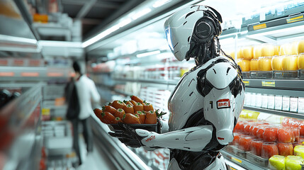 Cyborg shopping for groceries in a modern supermarket