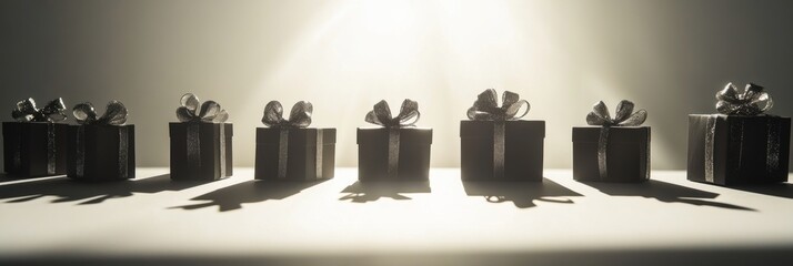 Leinwandbilder - Silhouetted gift boxes adorned with bows create an elegant display against a softly lit background, evoking a festive atmosphere. Generative AI