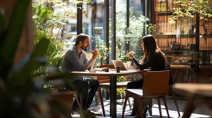 Wall Mural - Man and Woman Having a Conversation at a Cafe Table