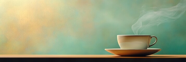 Poster - A tea cup sits elegantly on a wooden table, with gently swirling steam rising against a tranquil, blurred backdrop. Generative AI