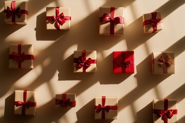 Aufkleber - Silhouettes of gift boxes adorned with red bows create a cheerful atmosphere, perfect for festive occasions and celebrations. Generative AI