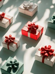 Poster - An assortment of styled gift boxes in various colors features delicate bows, arranged neatly on a light background, ideal for any occasion. Generative AI